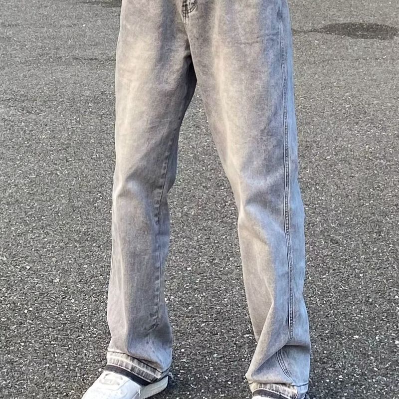 Jeans da uomo in stile americano, lavaggio grigio chiaro, effetto consumato, tinta unita, per uomo e donna, con orlo grezzo, pantaloni dritti basici_voghion.com