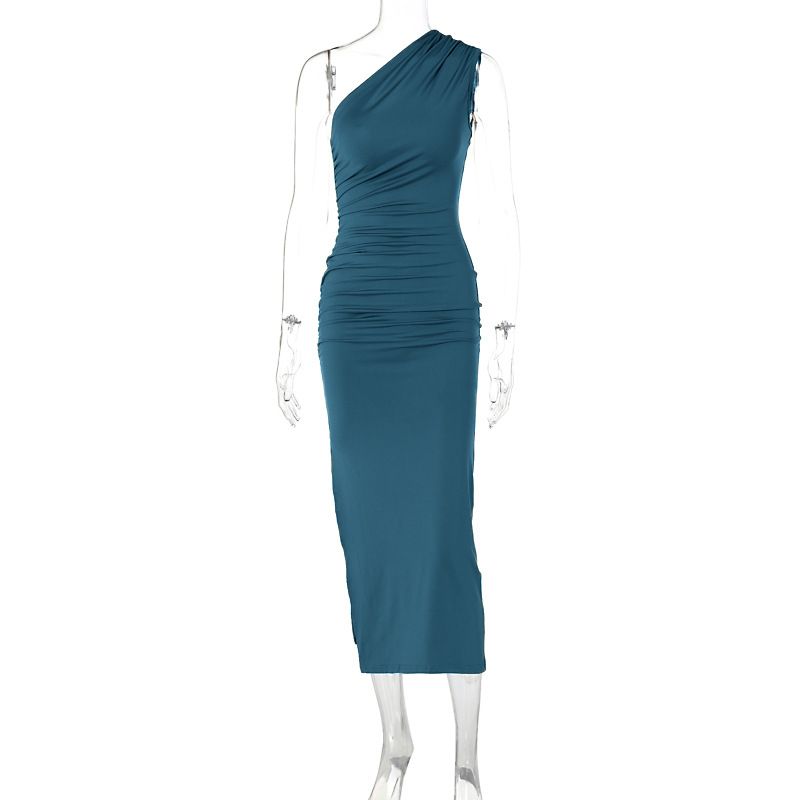 Damenbekleidung Sommer Neuer Stil Schräge Schulter Einfarbig Schlitz Ärmellos Pure Desire Sexy Temperament Schlankes Kleid_voghion.com
