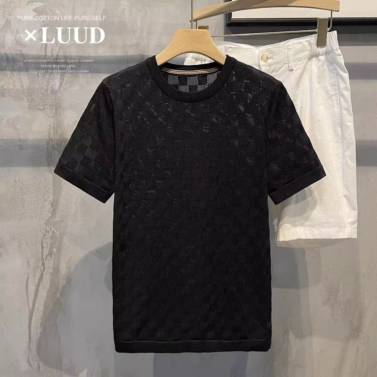 Herrenbekleidung dünner, hohler, kurzärmeliger Strickpullover für Herren in koreanischer Version des atmungsaktiven Rundhals-Strickpullovers aus Netzstoff für Herren_voghion.com