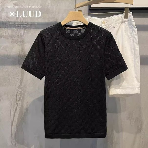 Herrenbekleidung dünner, hohler, kurzärmeliger Strickpullover für Herren in koreanischer Version des atmungsaktiven Rundhals-Strickpullovers aus Netzstoff für Herren_voghion.com