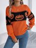 Maglione pullover a maniche lunghe color block con testa di zucca, tema Halloween, autunno inverno, moda donna_voghion.com