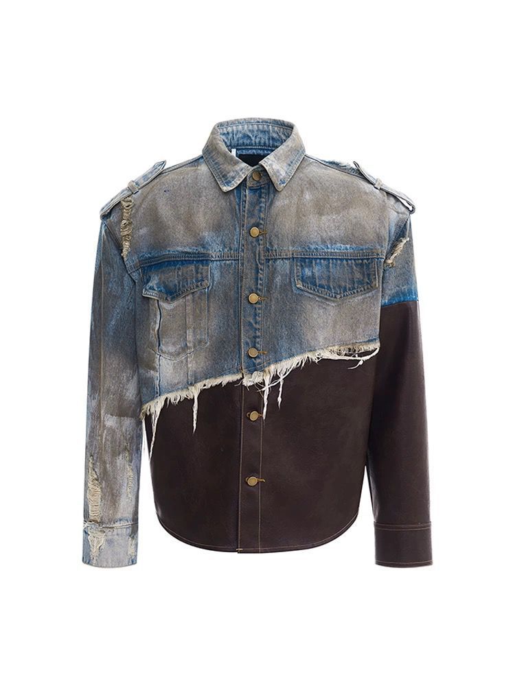 Vintage Distressed Jeansjacke mit Ledereinsätzen – Oversized Streetwear Mantel (M-4XL, Blau, verwaschene Ästhetik)​_voghion.com