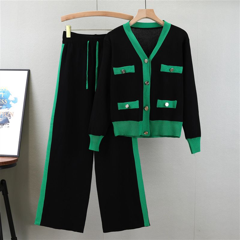 Vêtements pour femmes tempérament tricoté costume femme à la mode col en V slim cardigan pantalon large pull rajeunissant costume deux pièces automne_voghion.com