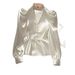 Damenbekleidung Kleines Hemd High End Sense Light Luxury Altersreduzierende Taille Weißes Satin Langarmhemd_voghion.com