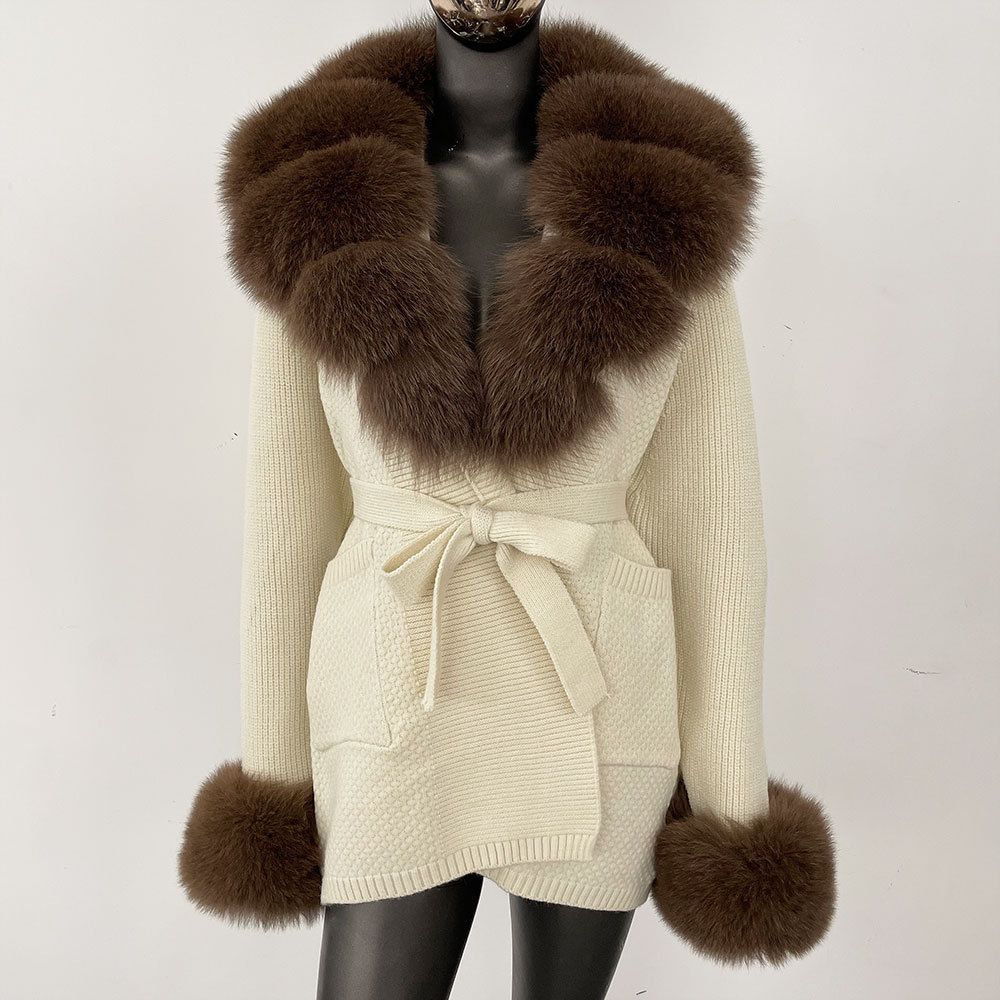 Cardigan feminino luxuoso com gola de pele de raposa – casaco de malha grande, estilo roupão de comprimento médio_voghion.com