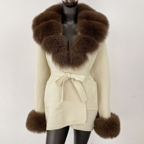 Cardigan feminino luxuoso com gola de pele de raposa – casaco de malha grande, estilo roupão de comprimento médio_voghion.com
