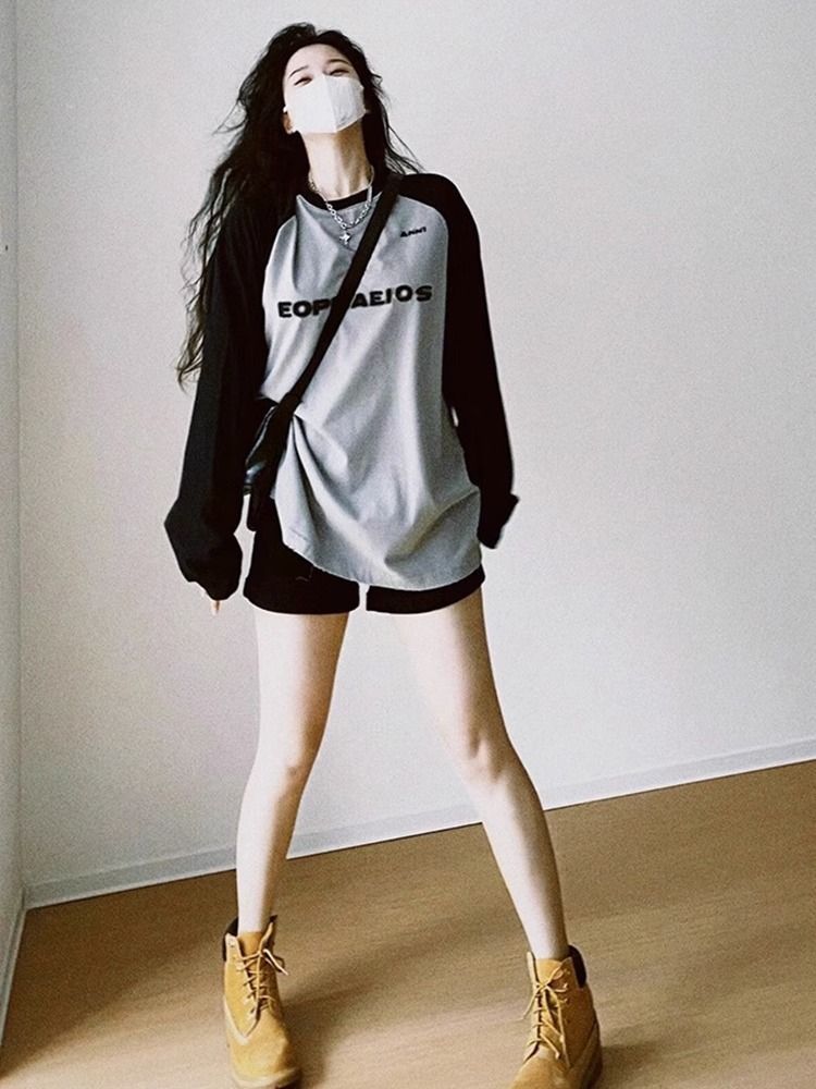 Korean American Spliced Top Women's New Autumn Long Sleeve Thin T-shirt Lazy Style Niche Chic Student_voghion.com