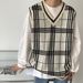 Vêtements pour hommes style automne et hiver tricot style preppy gilet à carreaux décontracté pull ample col en V gilet en laine_voghion.com