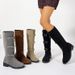 Bottes hautes à talon épais pour femme, mollet large, avec boucle et effet froissé - Daim souple et cuir véritable - Bottes à bout rond et talon mi-haut_voghion.com