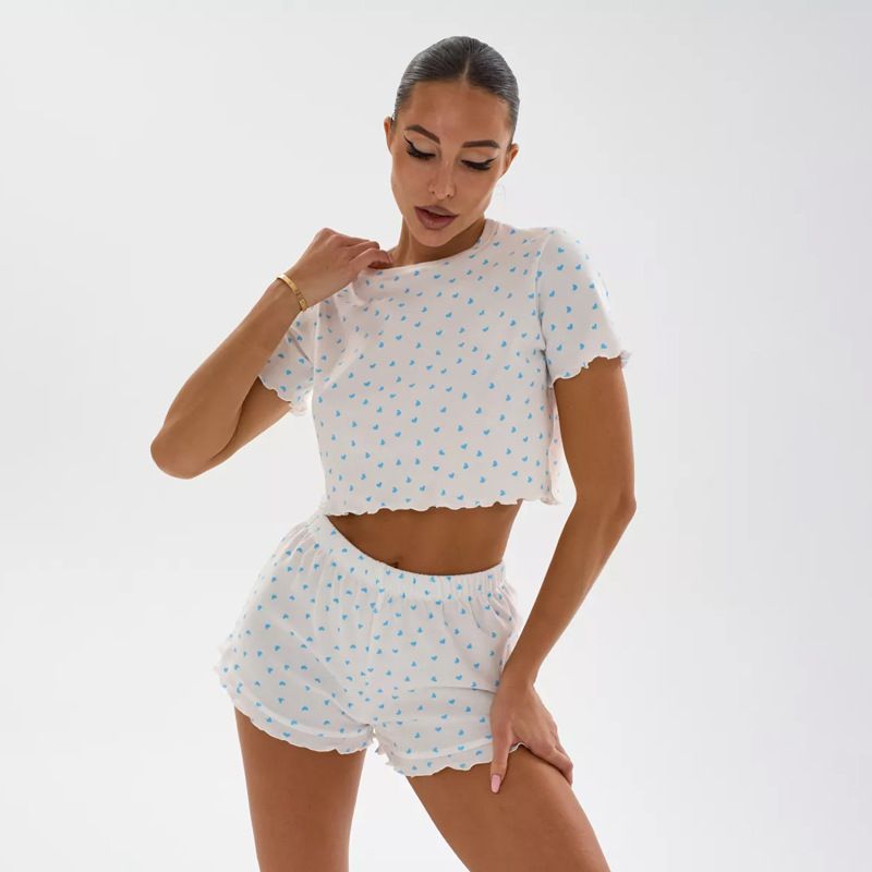 Women's Clothing Home Clothes Cotton Love Printing Casual Short Sleeved Shorts Two Piece Suit Pajamas_voghion.com