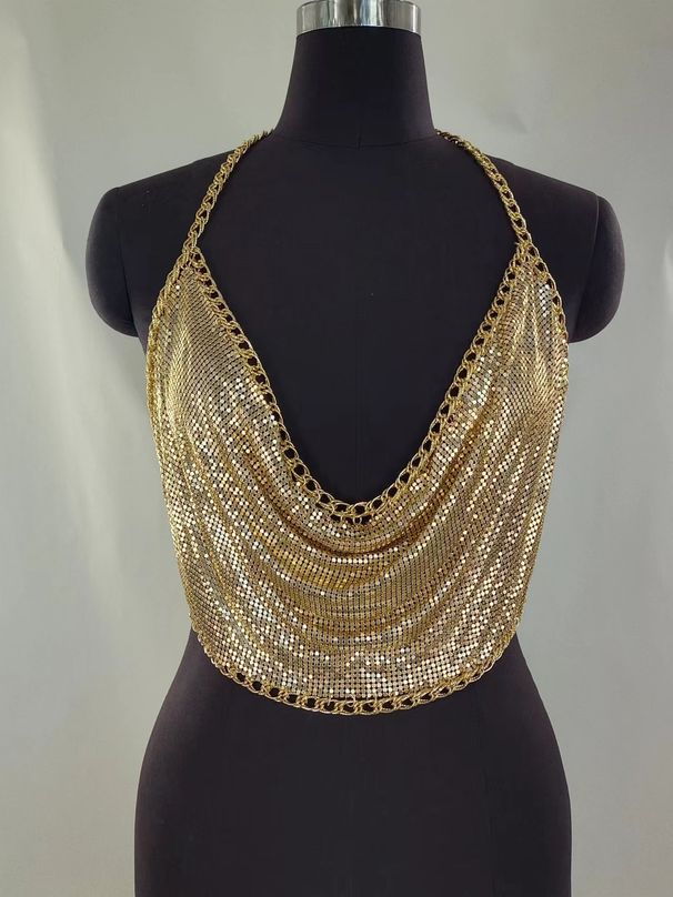 MW3206 Europäesch an amerikanesch Weste mat Strassfaser ageleete Pailletten, flaach Blechkette, Splicing, V-Ausschnëtt, Halter-Topweste_voghion.com