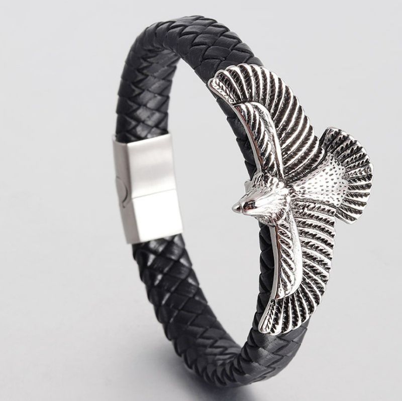 Bracciale da uomo in pelle intrecciata con fibbia magnetica, stile hip hop punk rock, bracciale vintage con aquila dominante_voghion.com