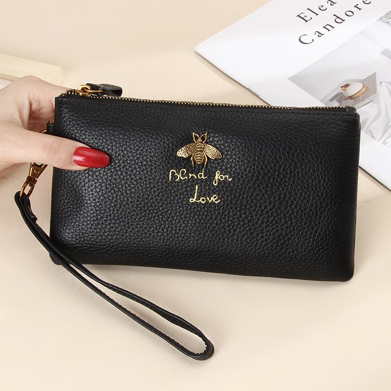Pochette da donna europea e americana in pelle di vacchetta di primo strato temperamento portafoglio lungo con cerniera in pelle di ape piccola per pochette per cellulare_voghion.com