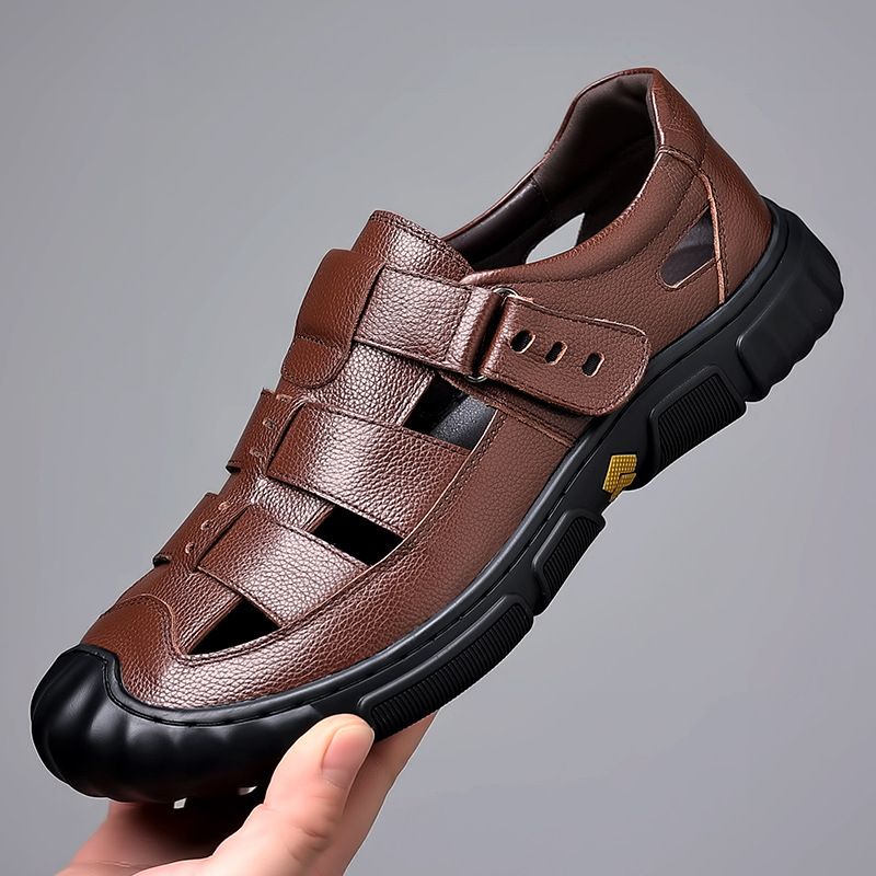 Sandale bărbătești din piele naturală, trend de vară, stil nou, casual, versatile, sandale din piele, antiderapante, cu fund moale, respirabile, pantofi scobiți_voghion.com