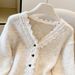 Women's Clothing Lace Stitching Sample Fashionable Elegant Lace Trim V-Neck Long Sleeve Cardigan Sweater For Women - Grey & Beige, One Size Fits All_voghion.com