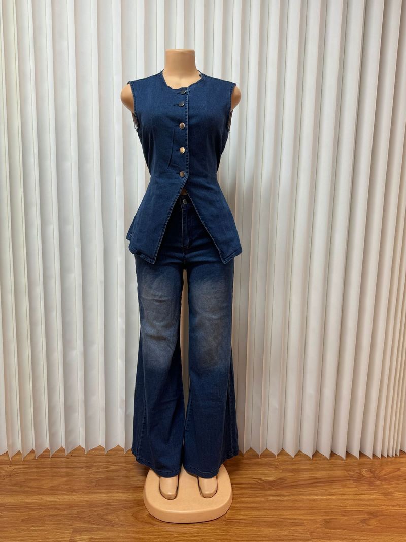Women's Clothing Washed New Temperament Sleeveless Casual Denim Trousers Suit_voghion.com