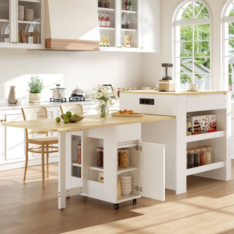 Ausziehbarer Bartisch Mit Stauraum(110-124×78×97.5cm), Für 2-6 Personen, Kücheninseln Mit 2 Schubladen, 2 Seitliche Offene Regale Und Eingebaute Steckdose,Tischplatte Aus Weiß Marmoriertem MDF,Weiß_voghion.com