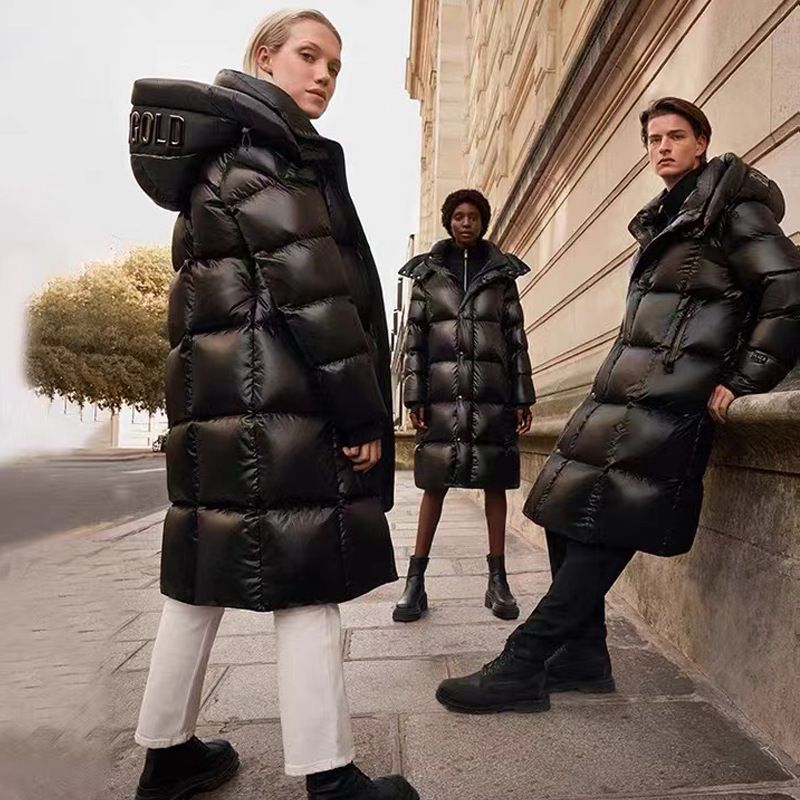 Piumino lungo lucido nero oro da donna, giacca invernale calda con cappuccio, collo alto, tasca oversize, chiusura con cerniera (S-2XL)_voghion.com