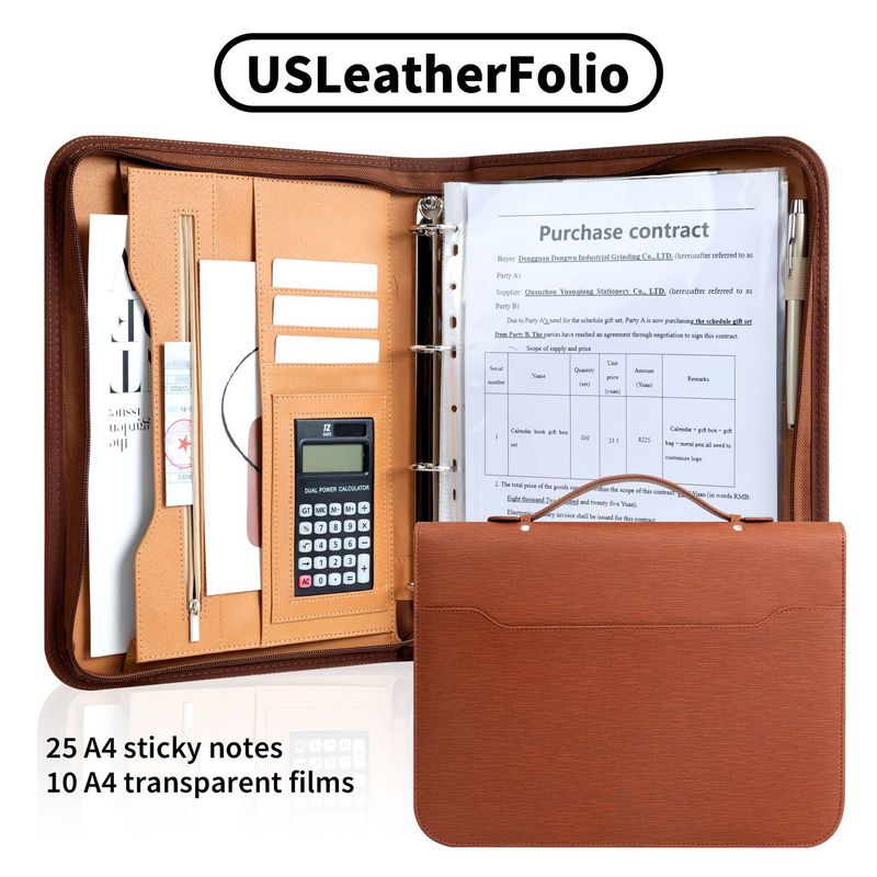 A4 leather business folder with calculator folder four hole binder multi function portable zipper manager folder_voghion.com