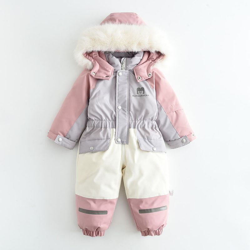  Baby Boys' Clothing new elastic waist children's color matching hooded plus velvet thickened jumpsuit ski suit_voghion.com