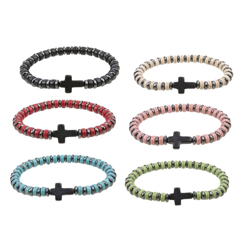 Nuovo set di braccialetti elastici con perline turchesi e croce con calcoli biliari neri_voghion.com