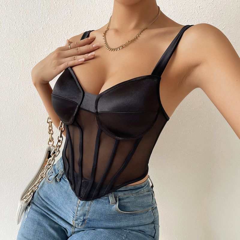 Damenbekleidung Hosenträger spleißen sexy Mesh-Gaze-Perspektive Fischgräte schlanke rhomboide kleine Weste_voghion.com