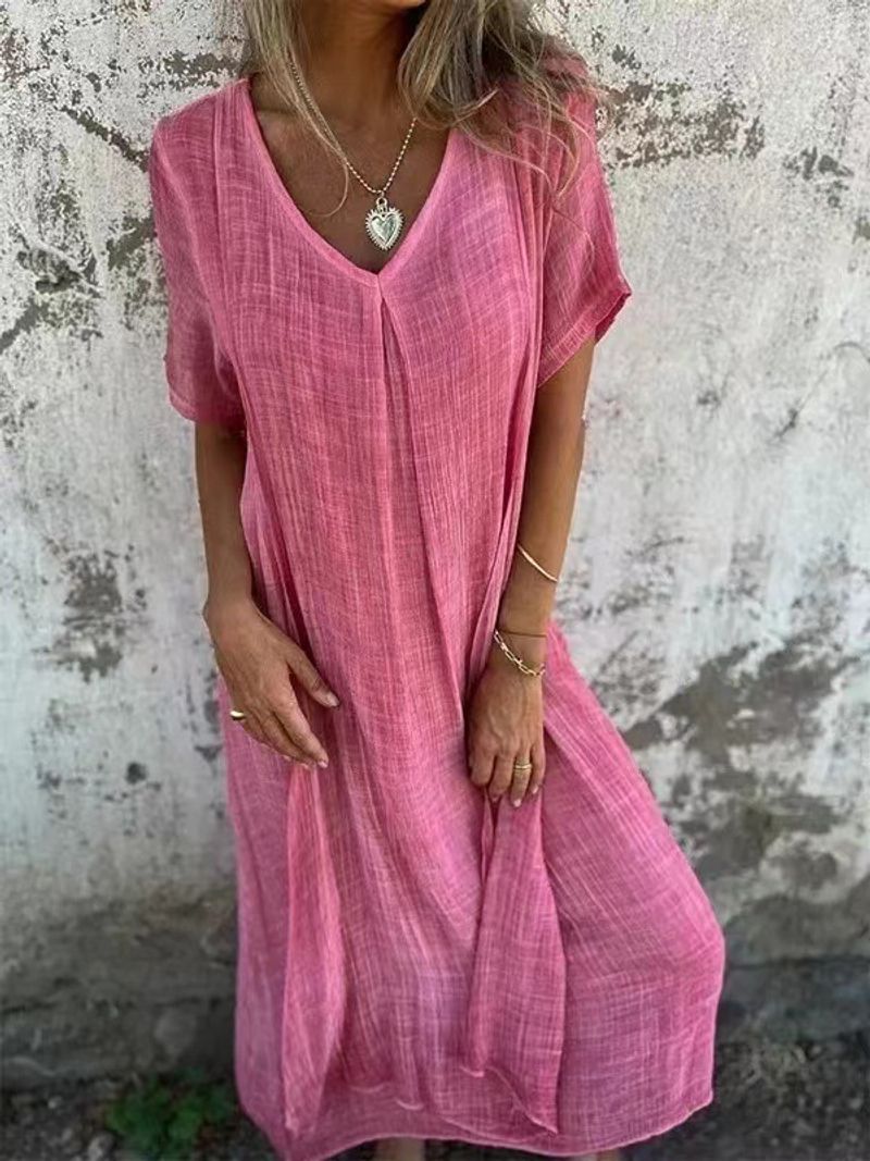 Robe en coton et lin pour femmes, vêtements à la mode, couleur tendance, col en v, manches courtes, nouvelle collection 2024_voghion.com