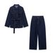 Women's Clothing Denim Suit Set - Spring Retro Belted Waist Blazer & Pants, Office Chic With Tied Detail_voghion.com