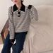 Stripe contrasting sweater Korean version POLO collar lace edge 2024 spring new style pullover fashionable versatile_voghion.com