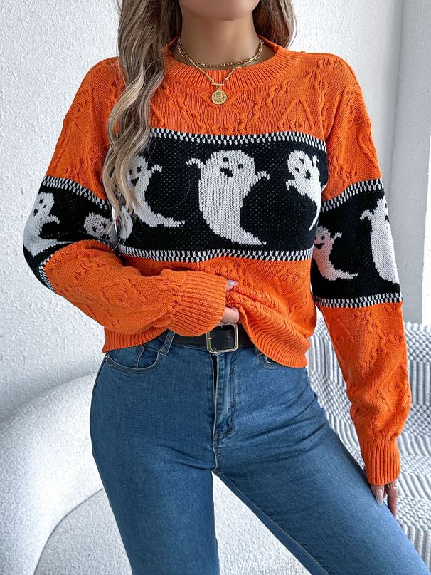 Maglione a maniche lunghe con contrasto di colore e tema Halloween per autunno e inverno, abbigliamento da donna_voghion.com