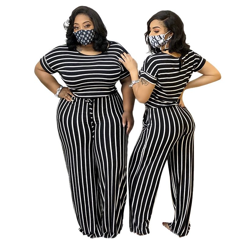 csíkos mintás kötött, rugalmas stílusú női plus size overál_voghion.com