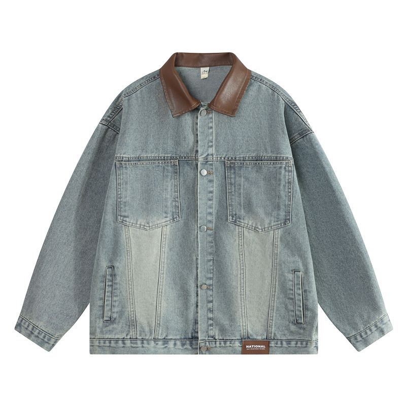 Men's Clothing Retro Pu Leather Collar Splicing Denim Jacket Men's Trendy Street Loose BF Lapel Workwear Jacket_voghion.com