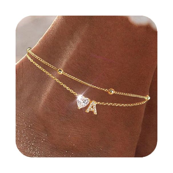 Hot-Selling 26 Letter Heart Zircon Inlaid Layered Anklet Elegant A-Z Beaded Adjustable Ankle Chain_voghion.com