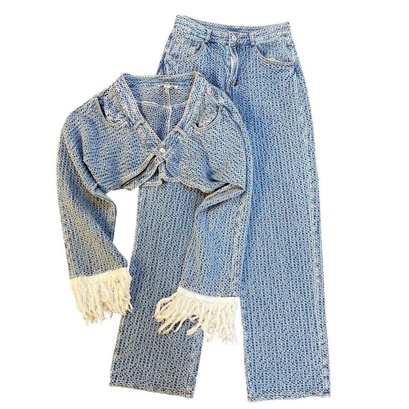 Women's Clothing two piece V neck tassel long sleeved solid color short jacket with high waist wide leg pants denim suit_voghion.com