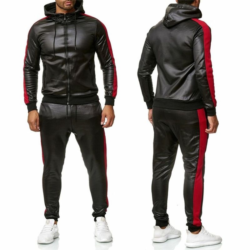 Neues Herren-Pullover-Pullover-Set aus PU-Leder, lässiger Sweatsuit, Kapuzenjacke und Hose, Jogginganzug-Trainingsanzüge_voghion.com