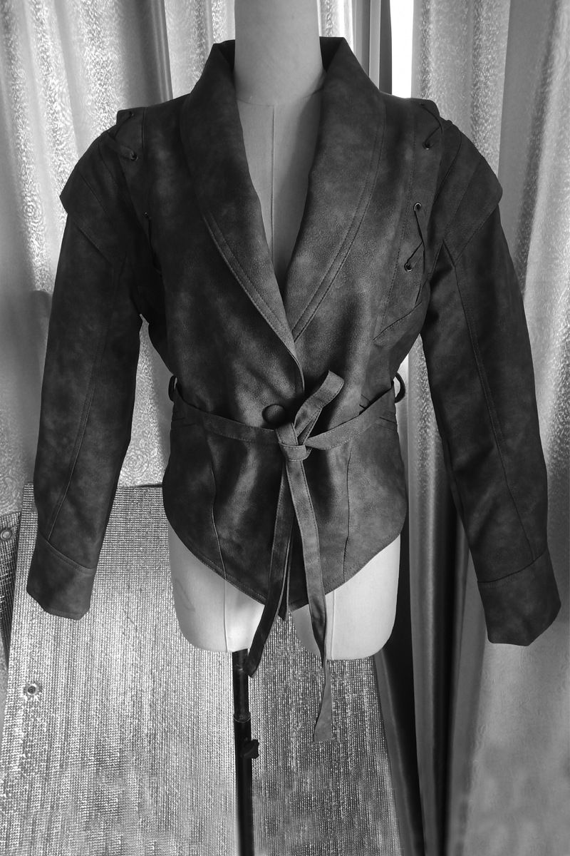 Roupas femininas primavera e outono novas todas as combinações retrô verde gola de frutas trespassado com cinto jaqueta de couro_voghion.com