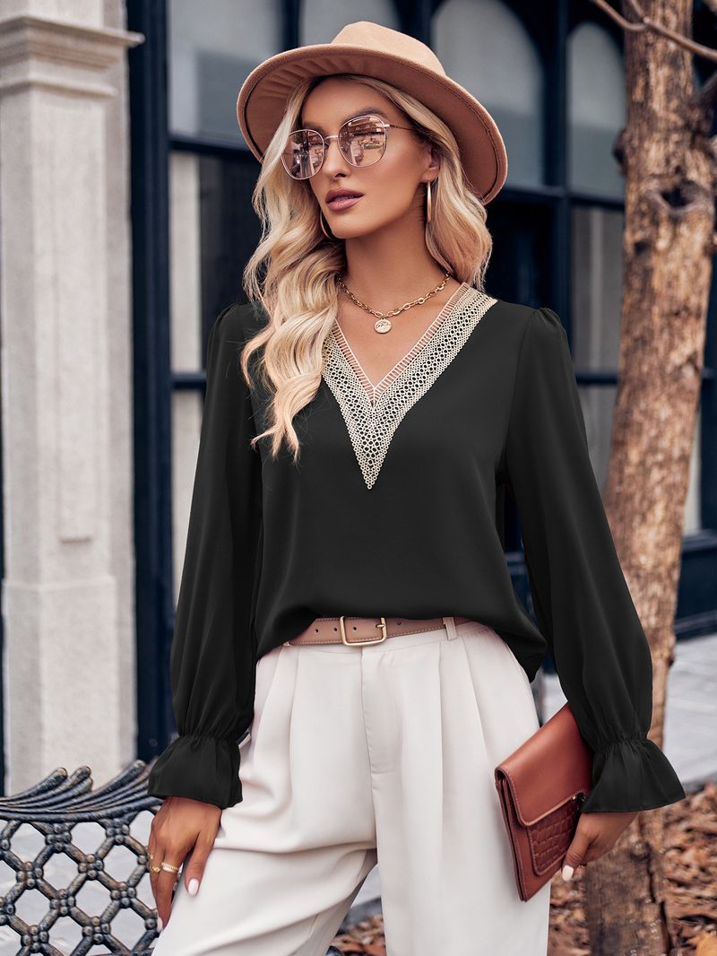 Top ampio casual da donna in tinta unita con maniche a loto in pizzo con scollo a V_voghion.com