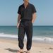 Men's Loose High-End Hip-Hop Cargo Sports Casual Long Pants Linen Beach Short Sleeve Shirt Set_voghion.com