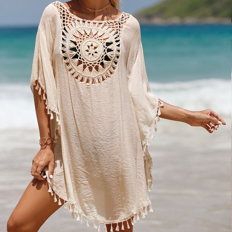Handmade Crochet Beach Cover-Up With Fringe - Lightweight, Breathable & Stylish Summer Dress For Women, Swimwear Cover-Up, Sexy Short Beach Tunic_voghion.com