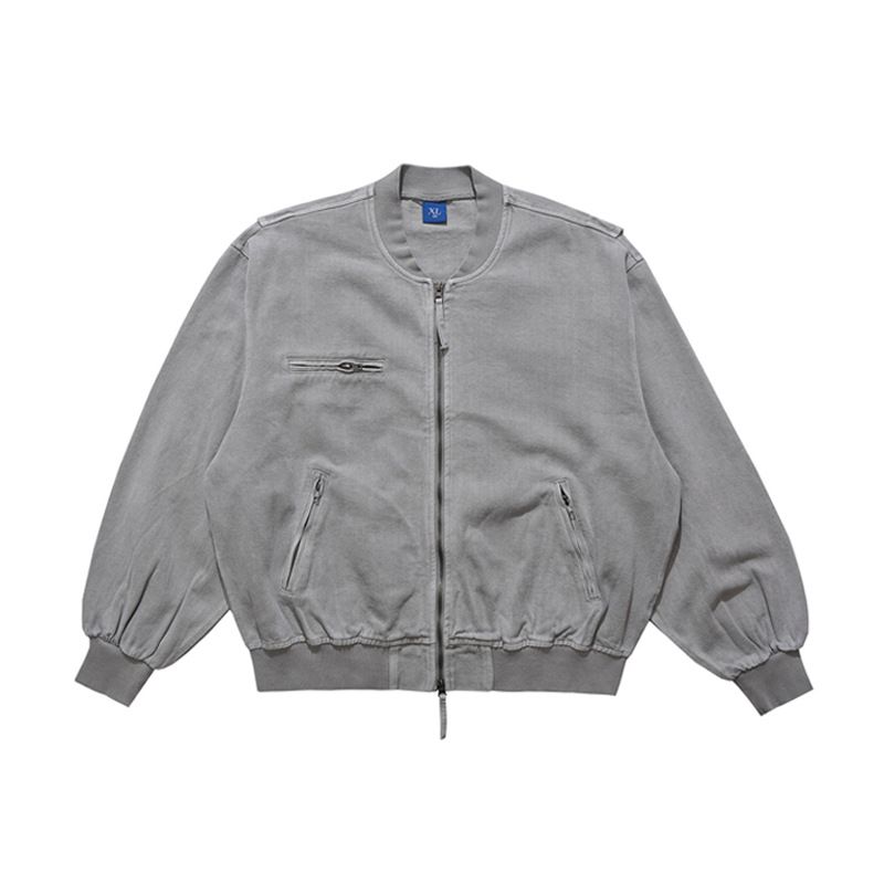 Herren Streetwear Baseballjacke Hellgrau Oversize Pilotenmantel 100% Baumwolle Lockere Passform, Stehkragen Trendy Casual Oberbekleidung Für Teenager Junge Erwachsene_voghion.com