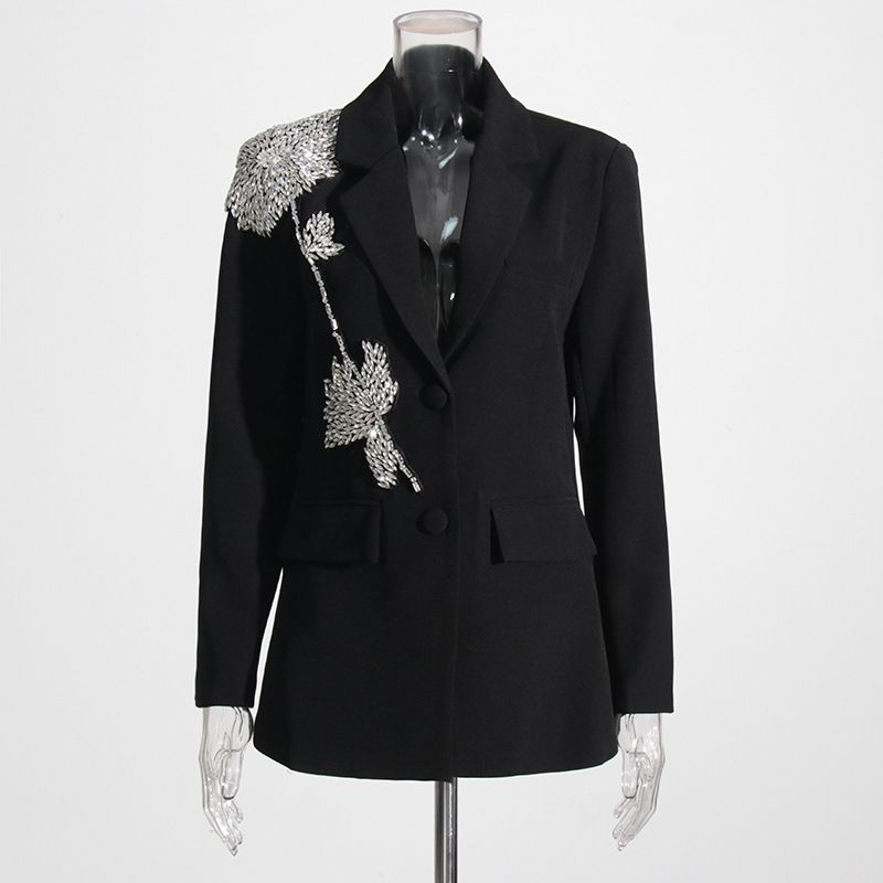 Blazer elegante su misura per donna - Giacca da ufficio slim fit a maniche lunghe con revers a lancia e tasche decorative - Poliestere e spandex_voghion.com