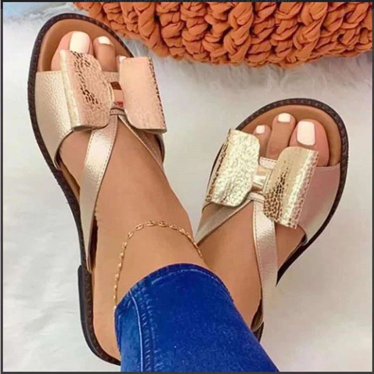 Women's Shoes Large Size Spring And Summer Breathable Women's Casual Sandals Flat Bottom Bow Large Size Slippers_voghion.com