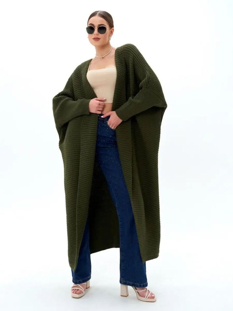 Cardigan oversize en tricot à manches chauve-souris pour femme - Pull long et extensible, ouvert sur le devant (8 coloris et grandes tailles 48-54)_voghion.com