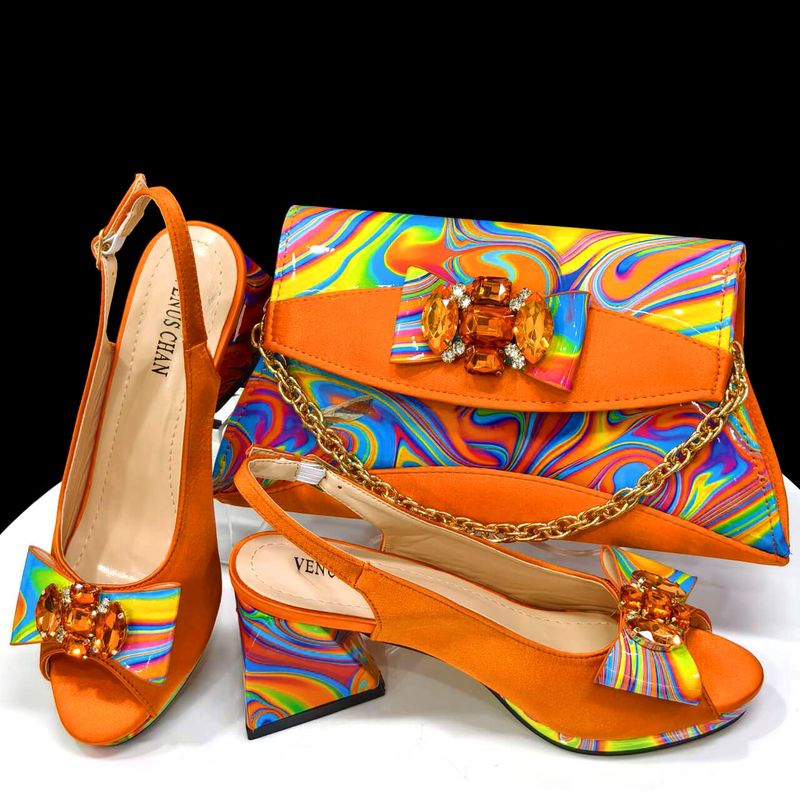 Shoe Bag Set Combination Fish Mouth Sandals Wedding Shoes + Hand Grab Bag Silk Leather Mosaic_voghion.com