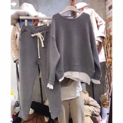 Fleecegefüttertes, verdicktes Damen-Sweatshirt mit Patchwork-Muster, zweiteiliges Langarm-Set in Übergröße für Damen_voghion.com