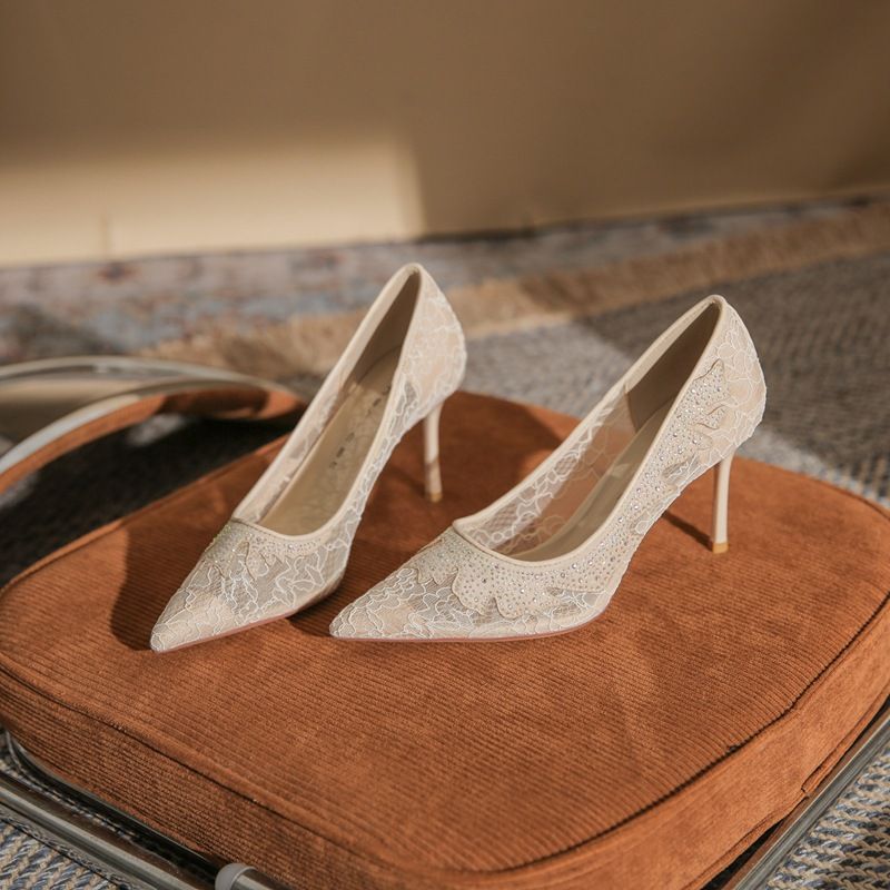 85511 [Sheepskin] High Heel Women's Stiletto 2024 Summer New Versatile Mesh Rhinestone Hollow Shoes_voghion.com