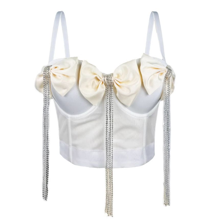 Women's Clothing Exquisite Rhinestone Tassel Heavy Double Layer Black Large Bow Diamond Chain Bow Tie Fishbone Corset_voghion.com