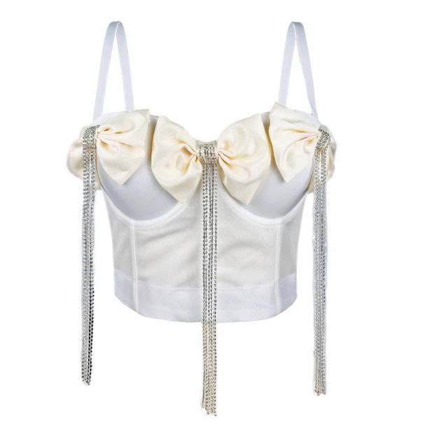 Women's Clothing Exquisite Rhinestone Tassel Heavy Double Layer Black Large Bow Diamond Chain Bow Tie Fishbone Corset_voghion.com