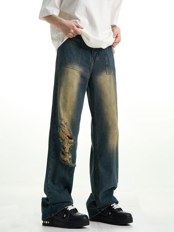 American retro drape denim jeans, men's hip-hop loose edge floor mop pants, street hip-hop design sense_voghion.com