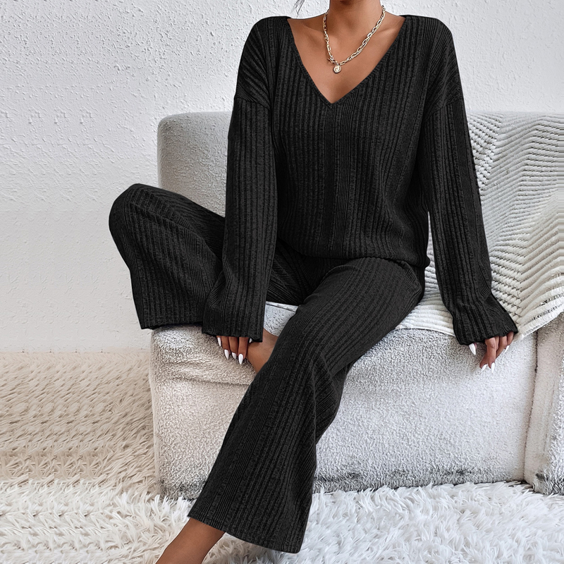 Damen-Pyjama-Set, langärmelige Hose, zweiteiliger, gerippter, warmer Heimpyjama_voghion.com